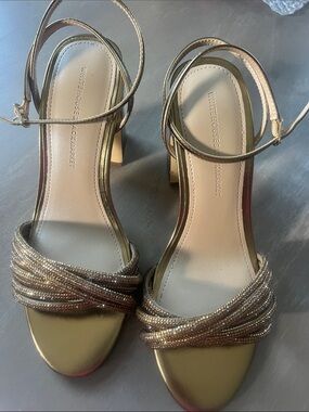 White House Black Market Metallic Gold Crystal-Strap Heels